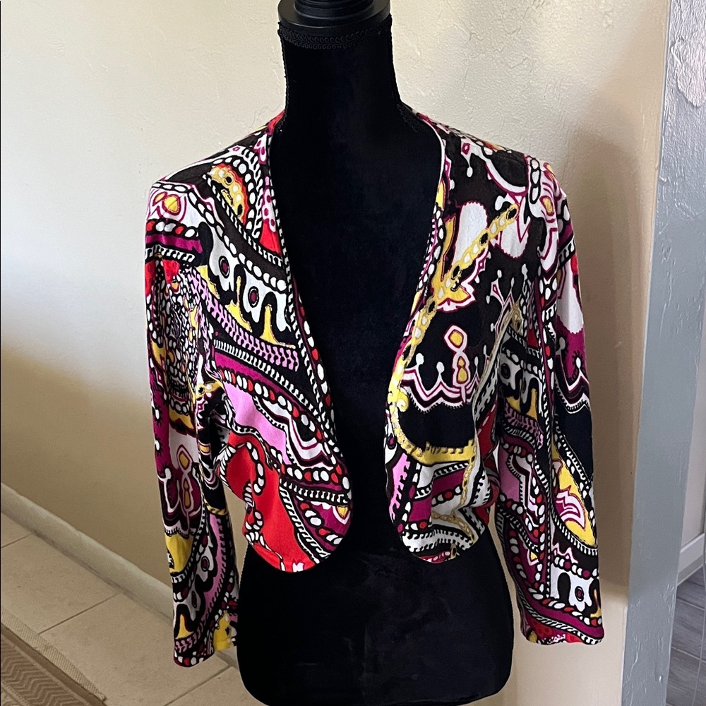 Cache multi boho paisley cropped open shrug cardigan sweater short sleeve XL